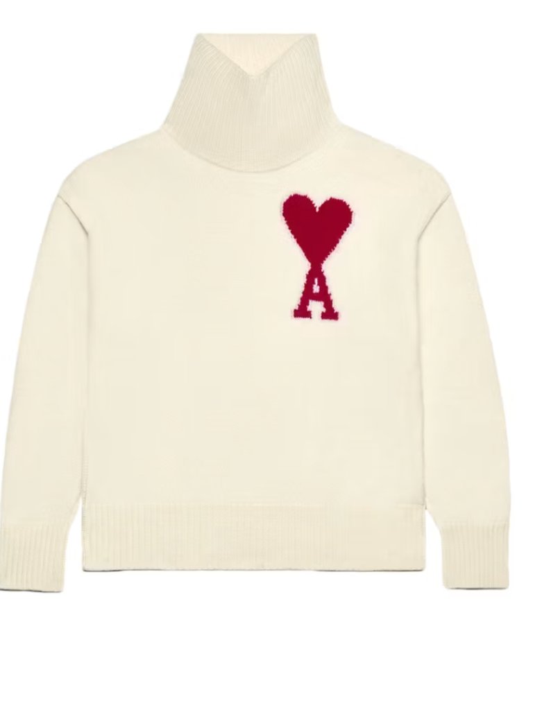 Ami Paris Big Heart Wool Funnel Neck Off White/Cream Virgin Wool Sweater Size S